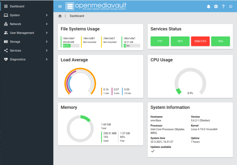 Screenshot of Raspberry Pi NAS interface